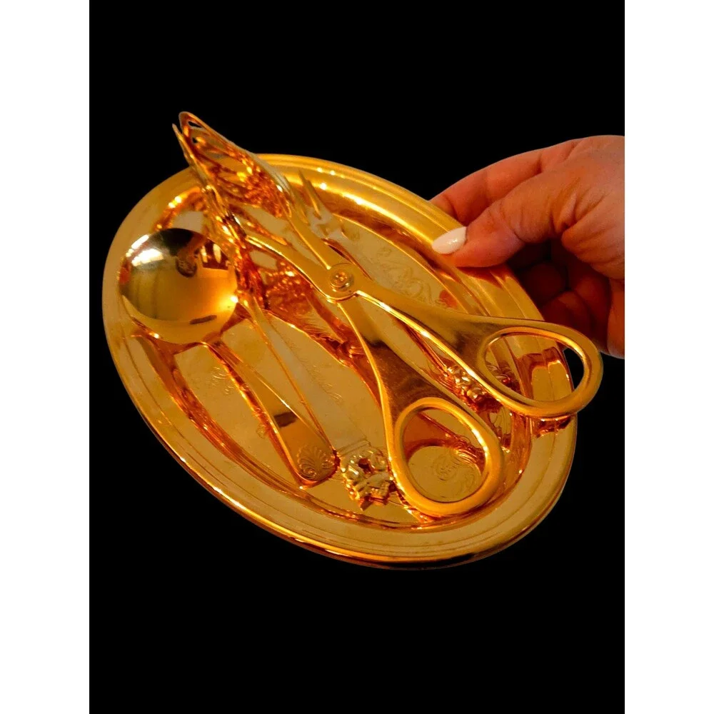 Vtg 50th Anniversary Gorham Gold Serving Set, 5-Piece Gold Plated Tray Utensils